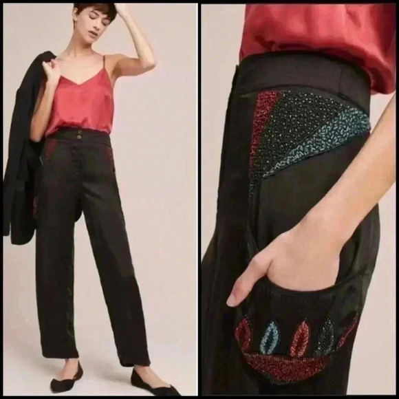 Anthropologie Boho Raga Bead Embellished Silky Satin Whimsical Pants Size S - Picture 1 of 11